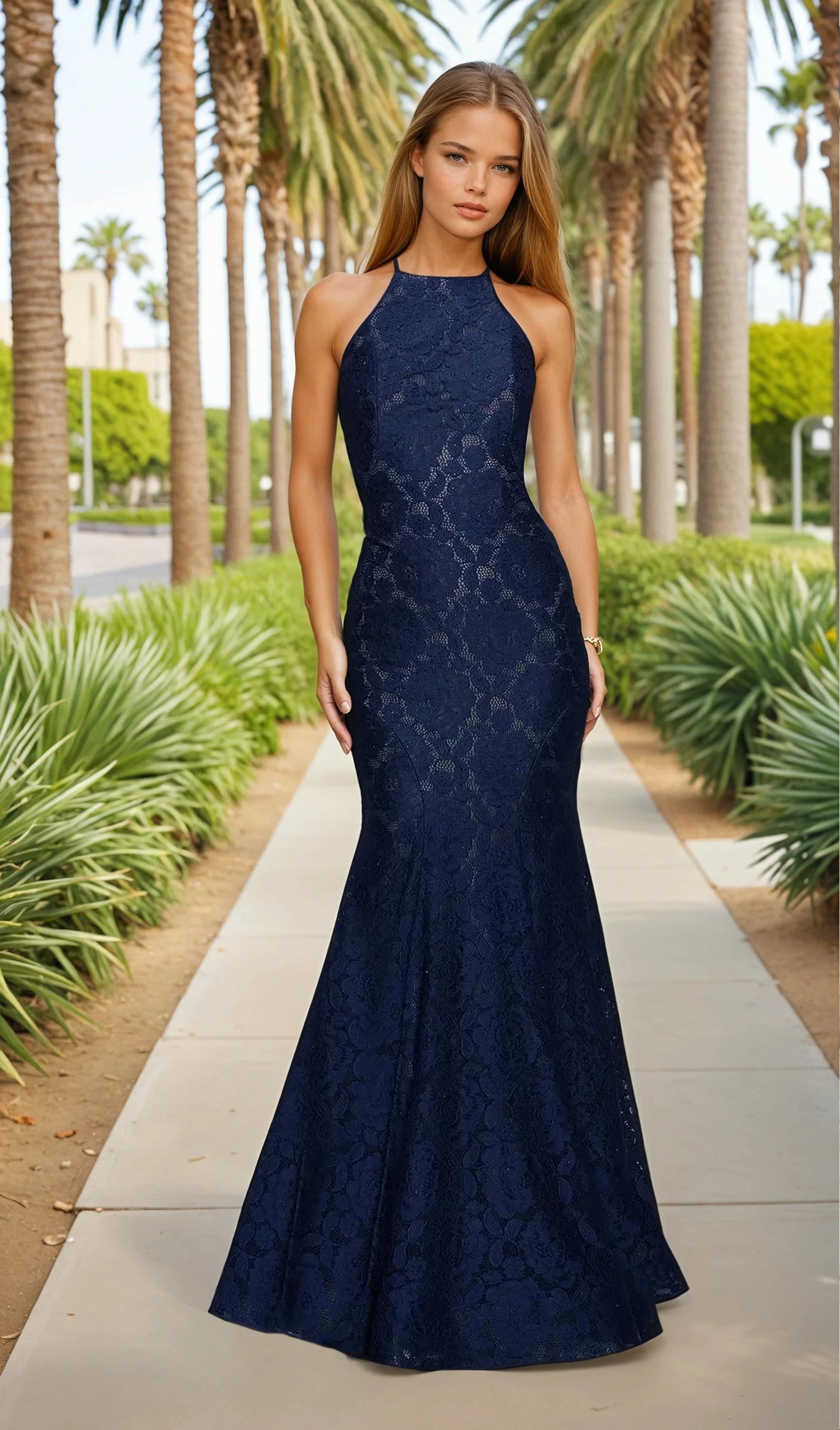 Woman wearing a navy blue lace dress standing in front of classical architecture.